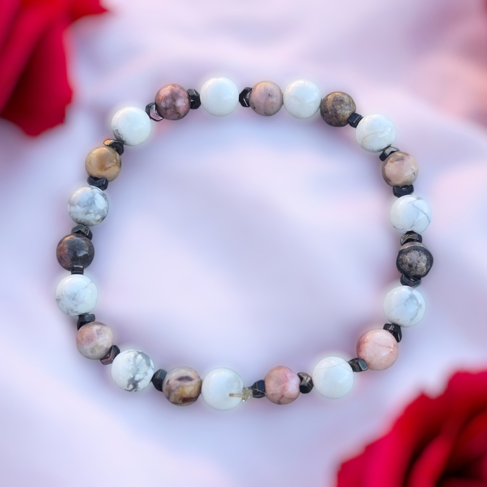 Pink Zebra Jasper & Howlite Stretch Bracelet | Gunmetal Chevron Accent Beads
